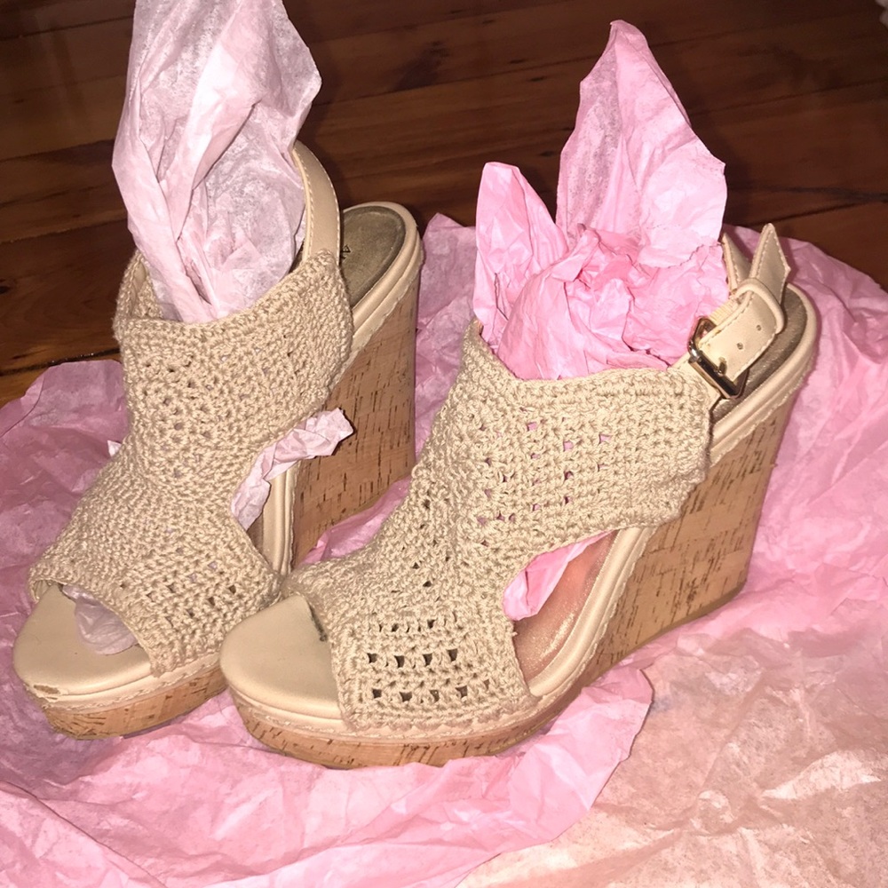 VERY lightly used Audrey Brooke mesh wedges- tan